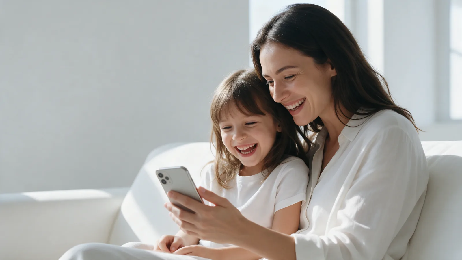 A mother and daughter laughing at photos on an iPhone