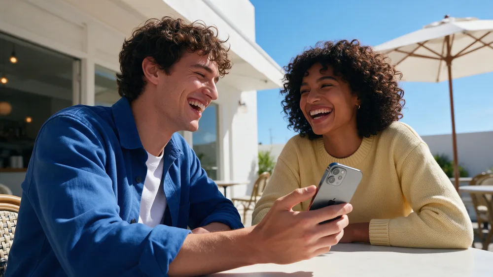 Two friends laughing over a photo on an iPhone